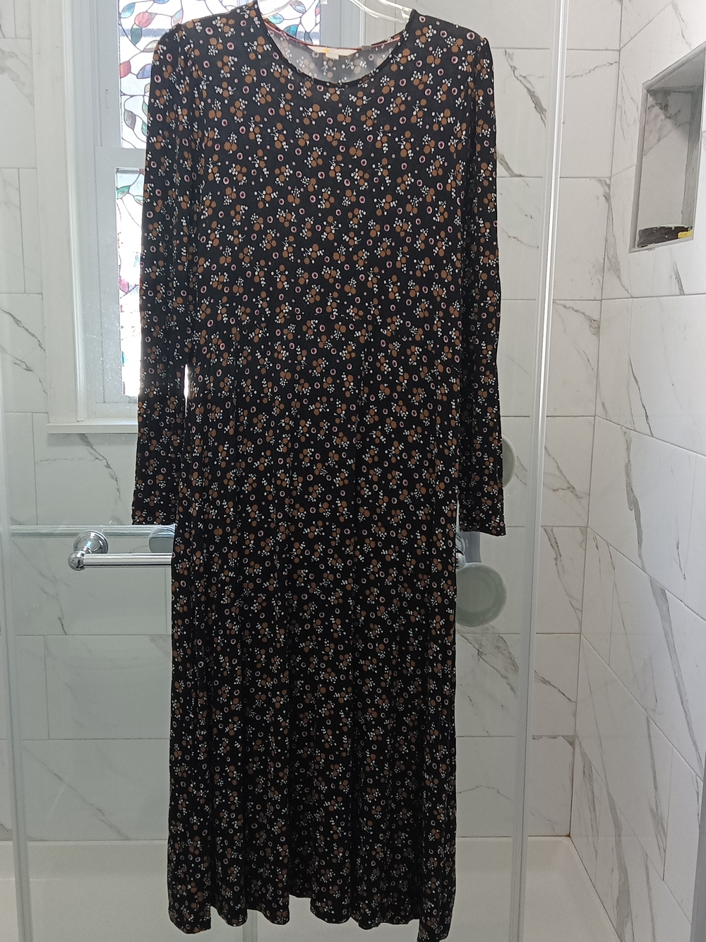 Boden Black Ditsy Floral Long-Sleeve Midi Size 10 Crewneck Jersey Boho Dress